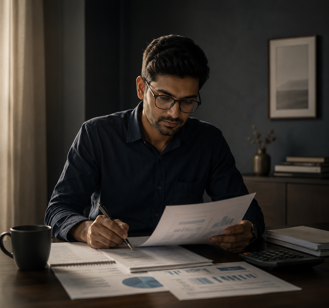 Venture Revenue advisor reviewing financial reports at their desk